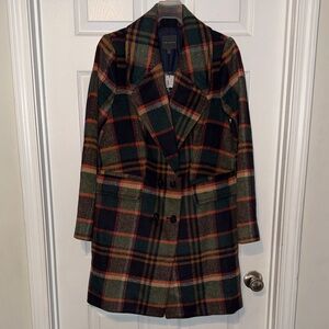 The Limited Plaid Pea Coat - Green and Orange